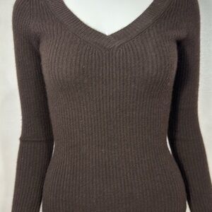 Aqua Dark Brown 100% Cashmere V-neck Sweater